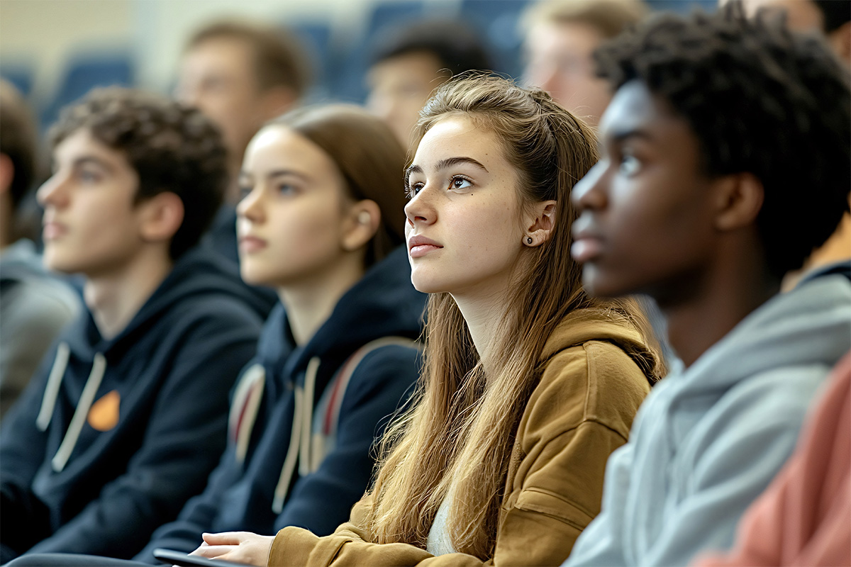 Group of university students listening attentively to a lecture in an auditorium