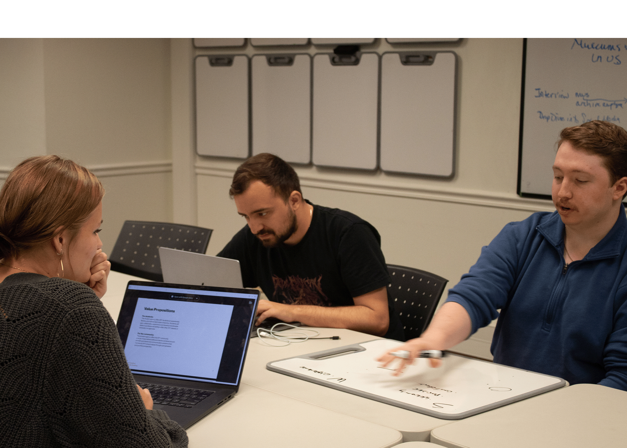 A group of students working on a SWOT analysis.