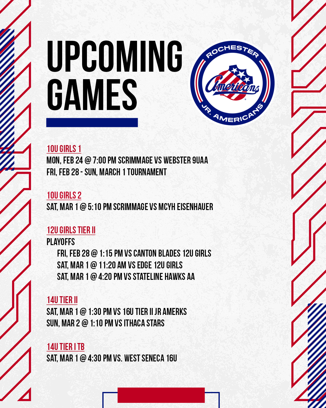 Upcoming games flyer for the Jr Amerks