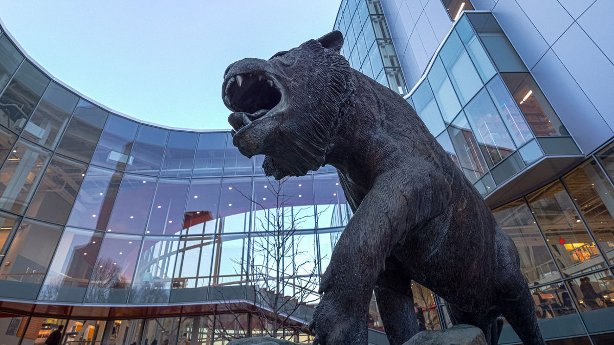 photograph of the RIT Tiger Statue from below, with SHED and sky in background. RIT, Ritchie, Tiger, bronze