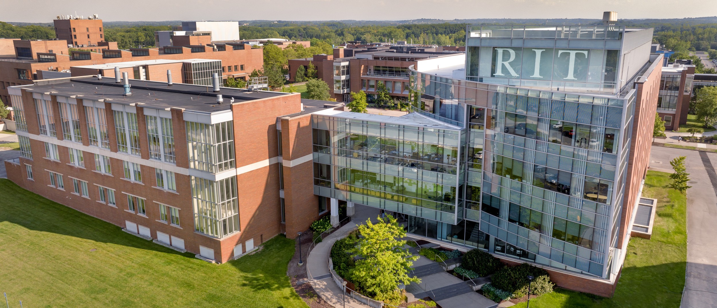 Drone Aerial Shot of Institute Hall with RIT logo in the upper windows