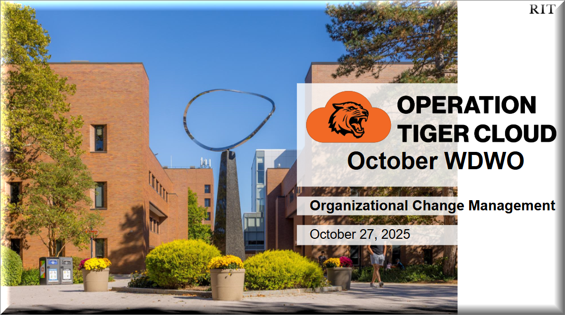Screenshot of title slide of Workday Workout session with RIT  and Infinity Loop sculpture and Operation Tiger Cloud Logo