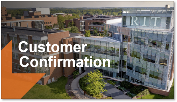 Aerial shot of Institute Hall with Customer Confirmation text overlaid
