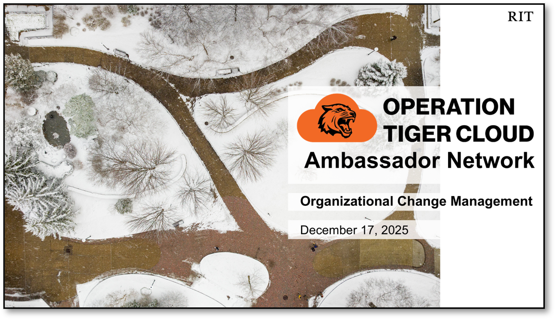 Screenshot of ambassador meeting deck title slide with overhead aerial view of the Eastman Quad in the snow.