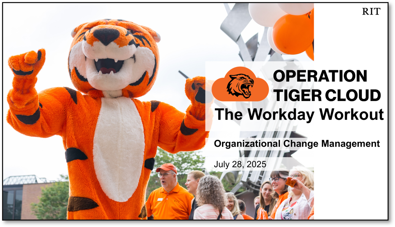 Screenshot of title slide of Workday Workout session with Ritchie mascot and Operation Tiger Cloud Logo