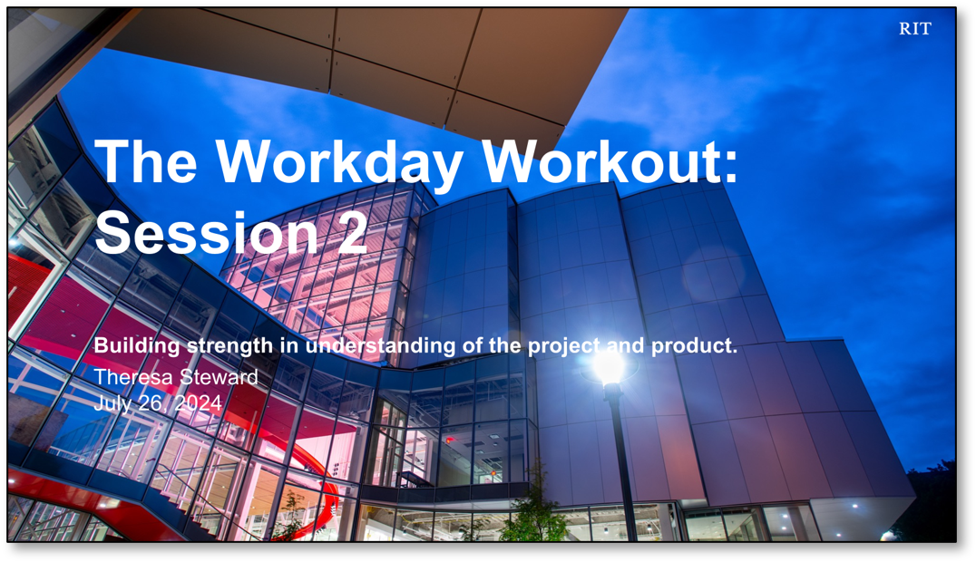 Screenshot of the title slide showing the Workday Workout title and the SHED
