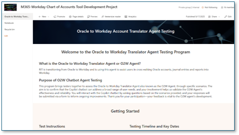 Screenshot of the Oracle to Workday AI Agent Pilot SharePoint page