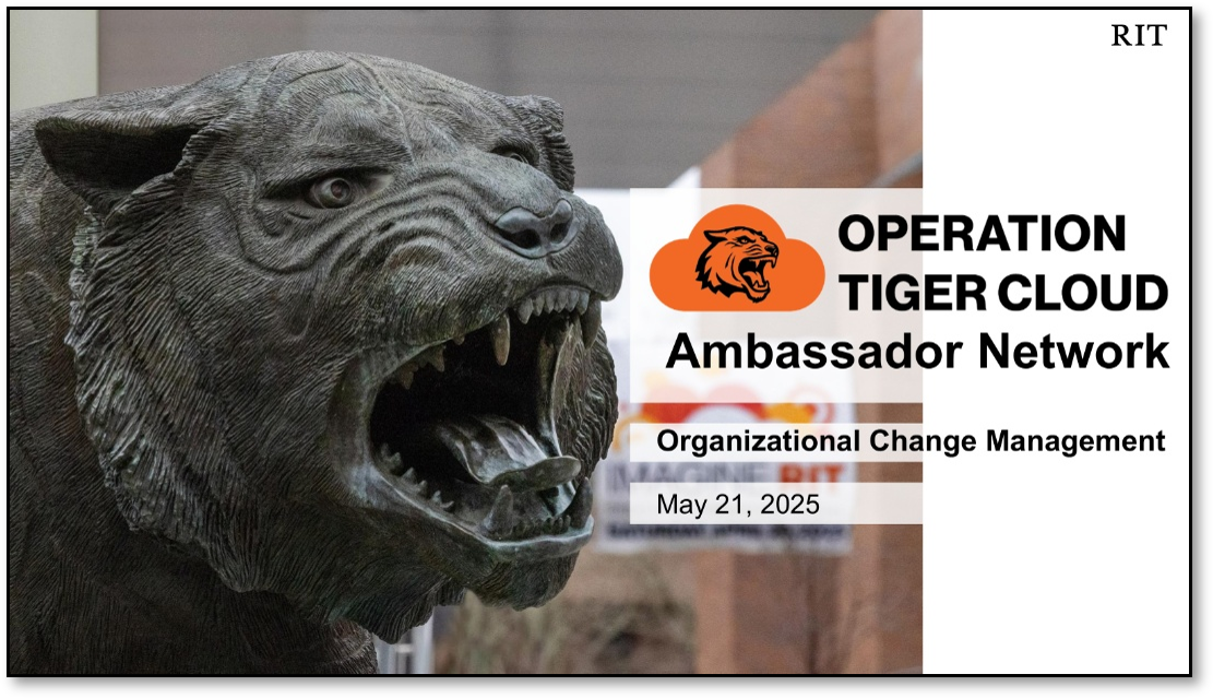 Screenshot of powerpoint title slide with RIT tiger statue and text for Operation Tiger Cloud Ambassador Meeting