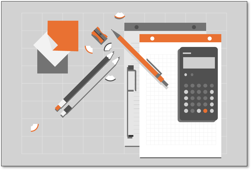 illustration of calculator, pens, pencils, and notepads