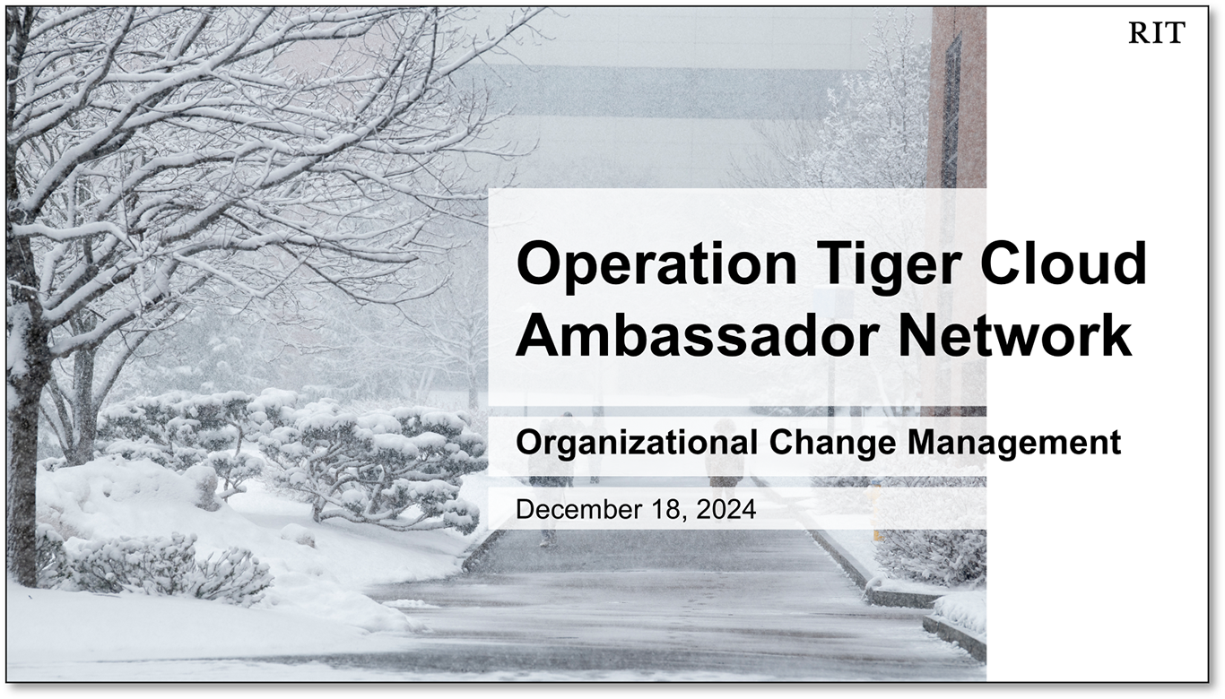 title slide of Operation Tiger Cloud Ambassador Network December meeting with image of snowy campus near the quarter mile