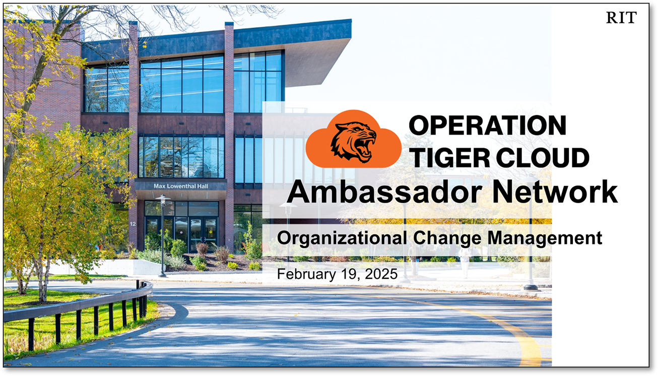 Screenshot of slideshow with Operation Tiger Cloud Ambassador Meeting text and image of Lowenthal Hall in the background