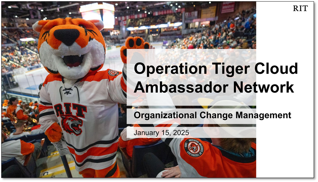 title slide of Operation Tiger Cloud Ambassador Network January meeting with image of Ritchie the Tiger at a hockey game