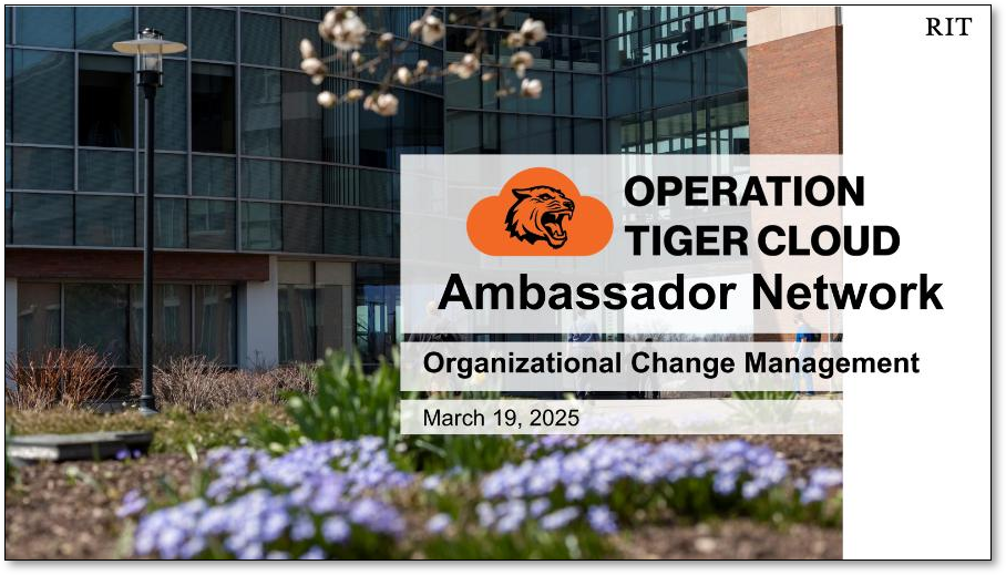 Screenshot of a powerpoint slide with a spring image in the background for the Operation Tiger Cloud March Ambassador Meeting