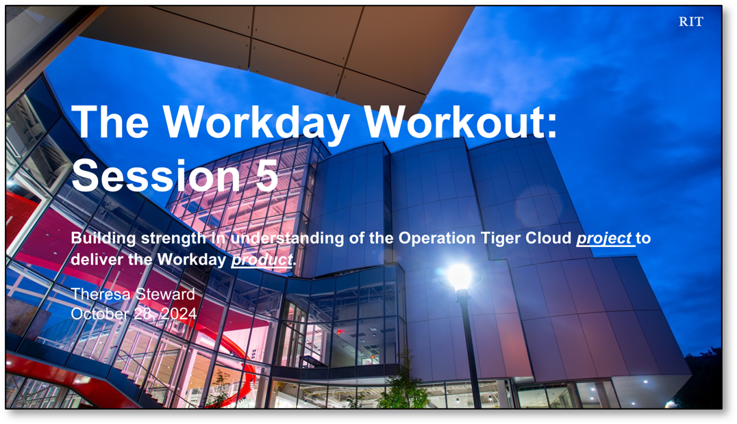Screenshot of the title slide showing the Workday Workout title and the SHED