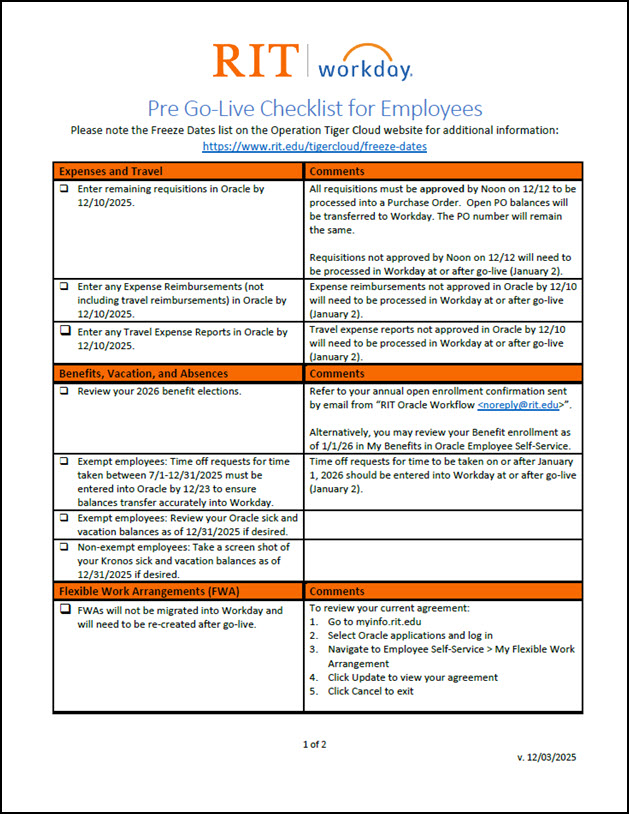 Image of PDF file describing pre go-live activities for Workday.