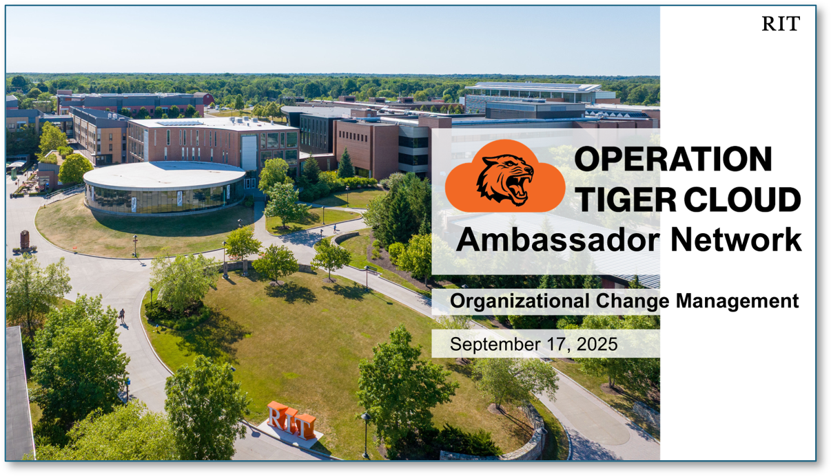 Screenshot of the title page of the September Ambassador slides showing an aerial photo of the USC and Fountain Park. Includes text of Operation Tiger Cloud with logo