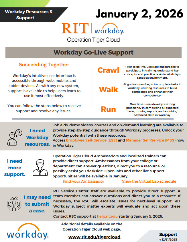 Image of PDF describing support model for Workday at RIT.
