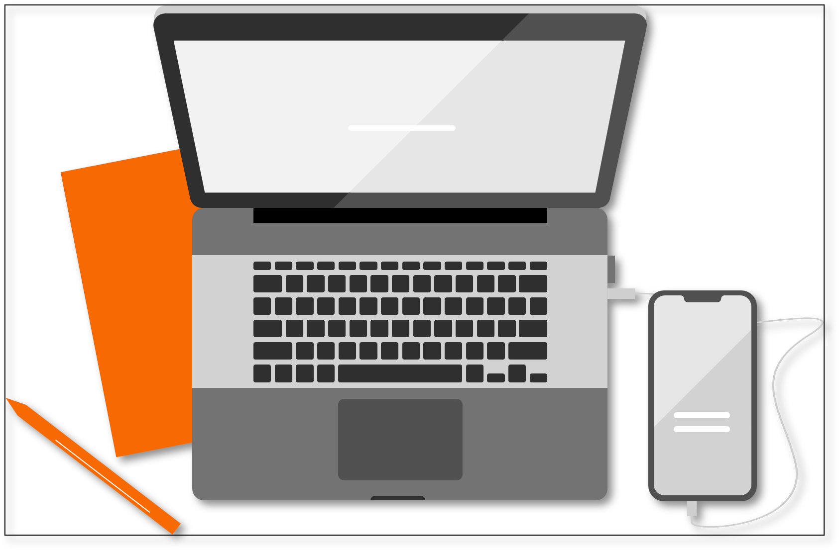 illustration of a computer and telephone with notebook and pencil