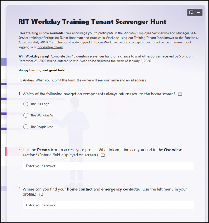 Screenshot of a short quiz scavenger hunt in microsoft forms