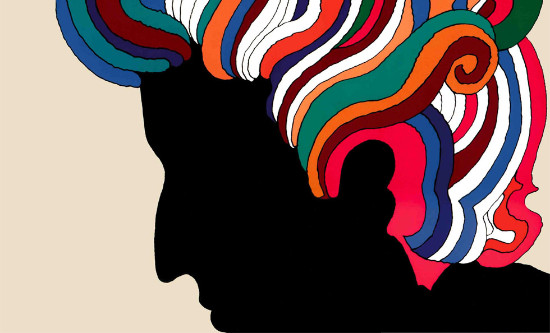 Graphic design image of a profile of Bob Dylan with a black silhouette and colorful bands of hair