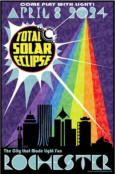 a color poster with an illustration of a solar eclipse in a darkened sky and a rainbow spectrum beam reaching from the top down toward a silhouetted cityscape.