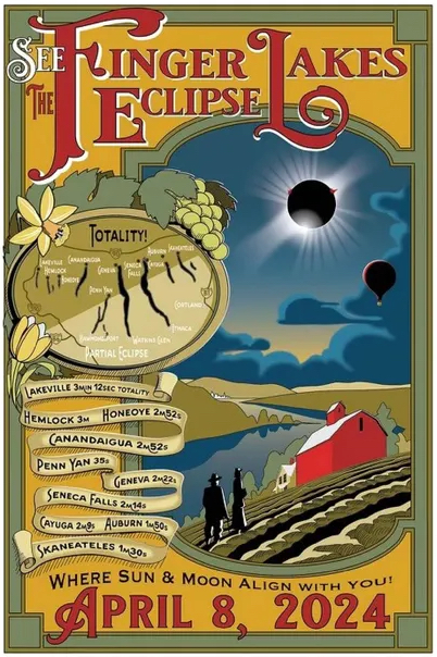 a color poster with an illustration of a solar eclipse in a darkened sky over a lake with text 'Finger Lake Eclipse'.