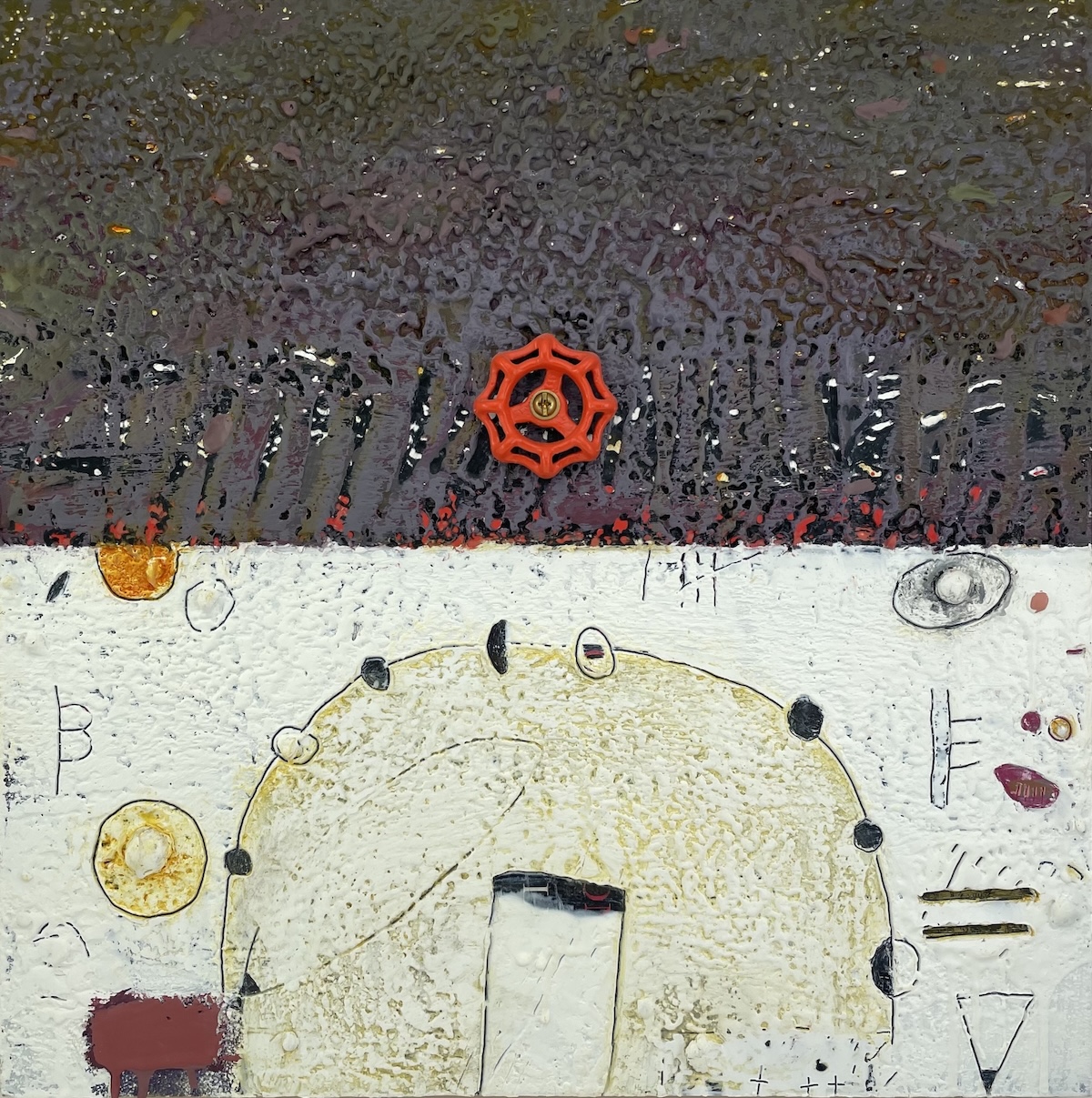 an abstract, textural painting with a midpoint horizon line with a grey top and white bottom.