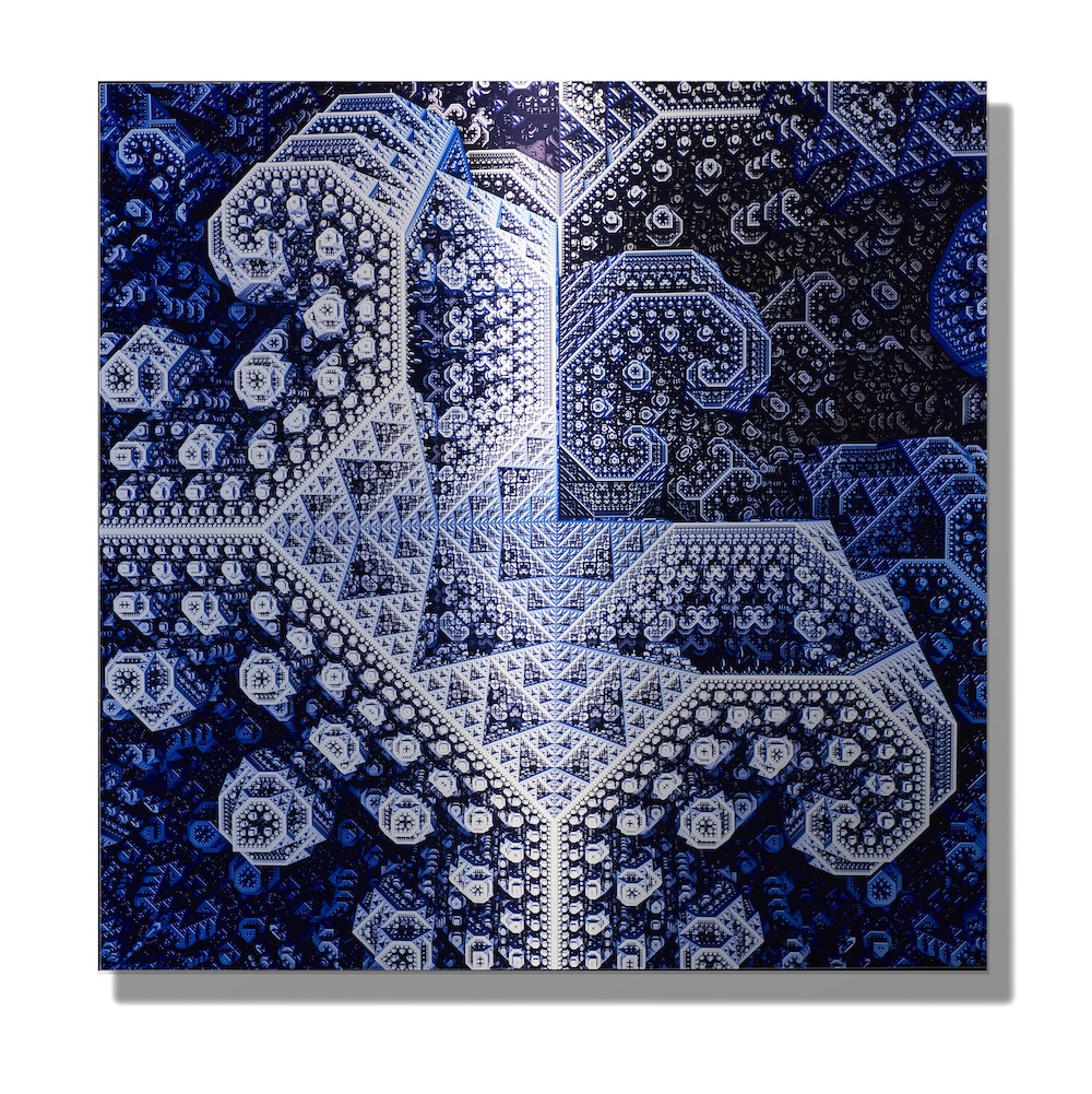 a highly detailed   pixelated image in blue and whites that resembles a view through a kaleidoscope.