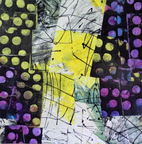 Contemporary art quilt with abstract design with dots in black, purple and chartreuse