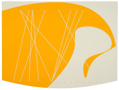 Bold graphic image of a yellow shape on white background with thin white stripes painted on a steel panel