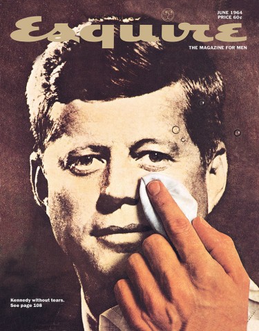 Photographic image of John F. Kennedy's face with a hand with a tissue wiping away a tear.