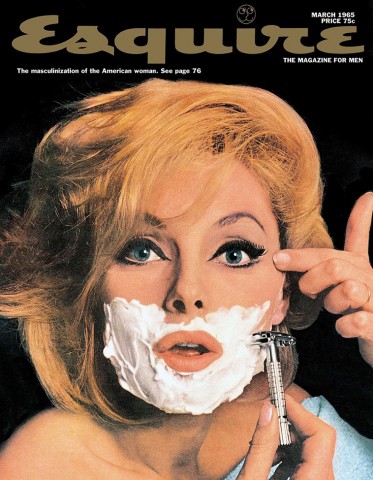 Photographic image of female actress with shaving cream on her face with a straight razor.