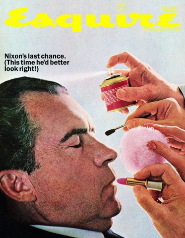 Photographic image of Richard Nixon's profile while having makeup applied