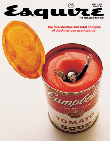 Esquire magazine cover - May 1969 - Andy Warhol getting sucked into a Campbell's tomato soup can 