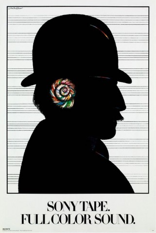 Graphic poster with text 'Sony Music' and an image of a man's silhouetted profile with a bowler hat and a rainbow nautilus shell as his ear.