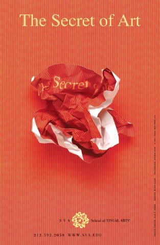 Graphic poster with text 'The Secret of Art' image of crumpled ball of red paper on a red patterned background.