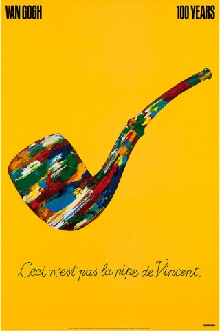 Graphic poster with text 'Ceci, nest pas la pipe de Vincent' and an image of a colorful tobacco pipe on a bright yellow background.