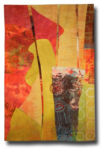 Abstract design created with colorful red and orange dyed fabric pieced together and graphic elements printed 