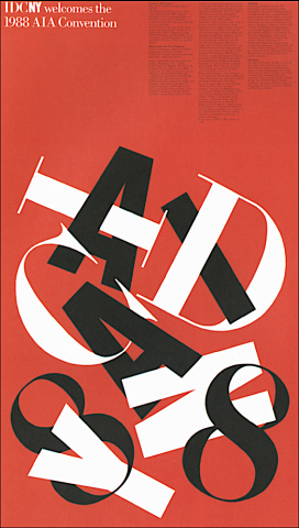 Graphic poster design with text '1988 AIA Convention' image is black and white letters intertwined on a red background.