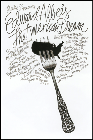 Graphic poster design with text 'Edward Albee's The American Dream' Image of fork thrust into a series of words that looks like spaghetti.