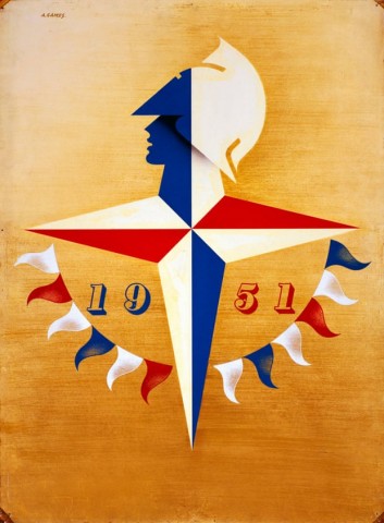 Graphic image that resembles a commas with four points - a human hard at the top and nautical banners draped across the bottom.