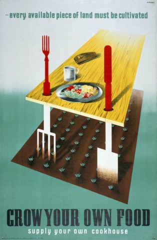 Graphic design of a table top with a long handled gardening fork and shovel as table legs.