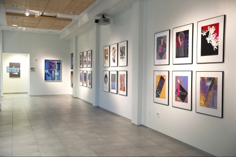 Framed graphic designs installed on gallery walls. 