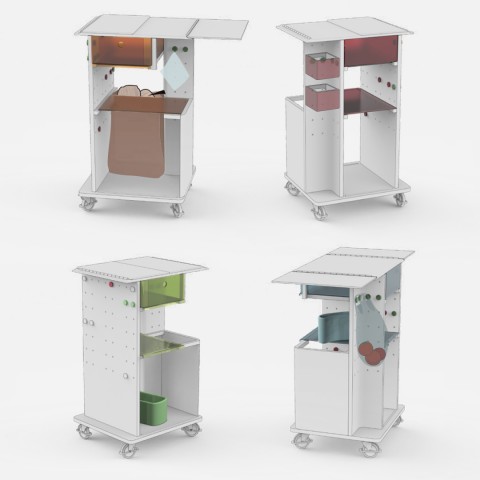 Technical drawing of four views of portable work station design on casters