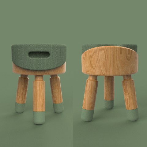 Three leg stool in natural wood and green accents. Front and back view
