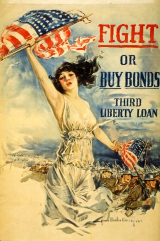 Poster image of a woman with flowing dress and long hair holding the US red, white and blue flag overhead with tools of soldiers in the background with text 'Fight or Buy Bonds'