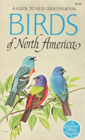 Image of 'Birds of North America' guide book with text title and illustration of three colorfully plumed birds.