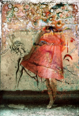 A blurred and degraded color photo image of long haired blonde woman wearing a sleeveless pink dress while leaning against a peeling plaster wall with hand drawn illustration of a nude figure. 