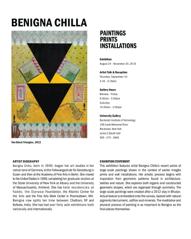 Exhibition graphic with text 'Benigna Chilla, Paintings, Prints, Installations. Bold, graphic painting with two black triangles and decorative floral patterns.