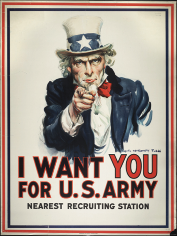 Graphic poster of Uncle Sam image - a man in a white top hat, red bow tie, and blue jacket looking and pointing at the viewer with text 'I Want You'